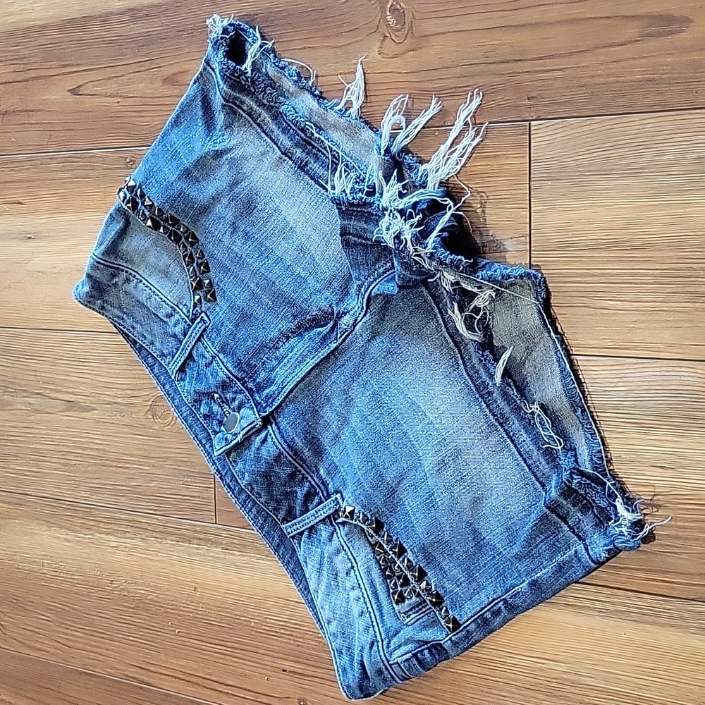Black Orchid Distressed Blue Denim Jean Shorts with Stud Accents